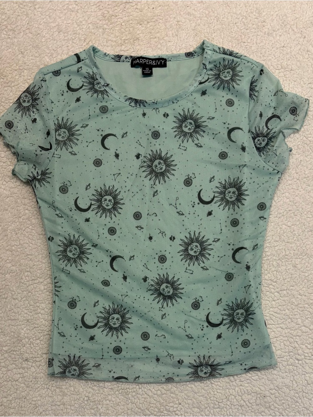Harper & Ivy Celestial Sun Moon Stars Print Mesh Tee Shirt Size XS